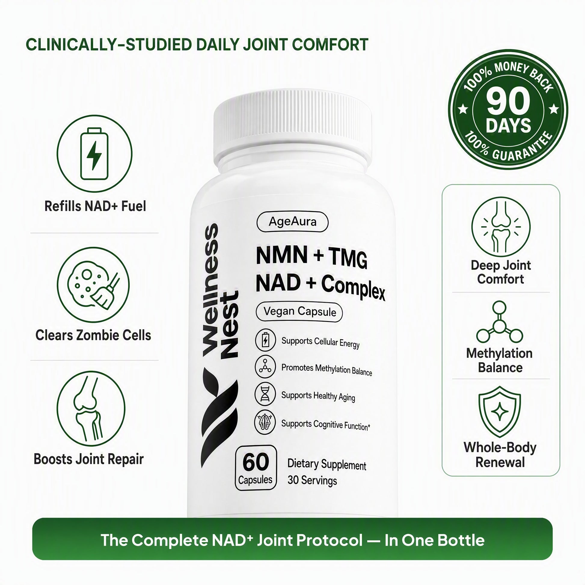 AgeAura NMN + TMG hero - triple-action NAD+ mechanism, 90-day guarantee