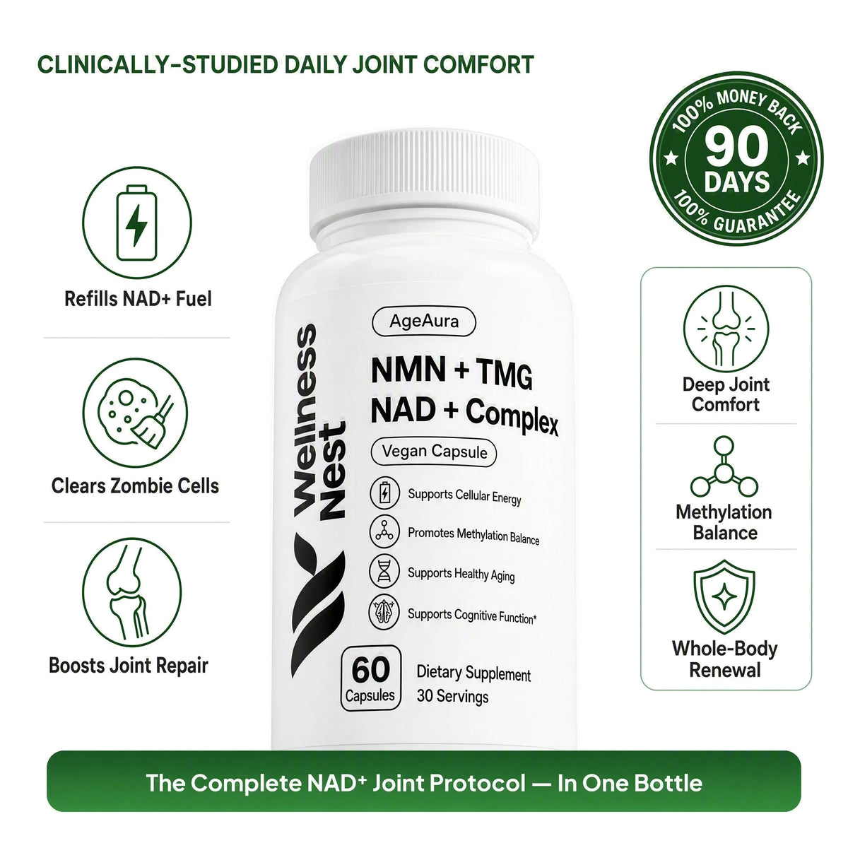 AgeAura NMN + TMG hero - triple-action NAD+ mechanism, 90-day guarantee