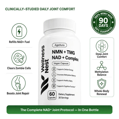 AgeAura NMN + TMG hero - triple-action NAD+ mechanism, 90-day guarantee
