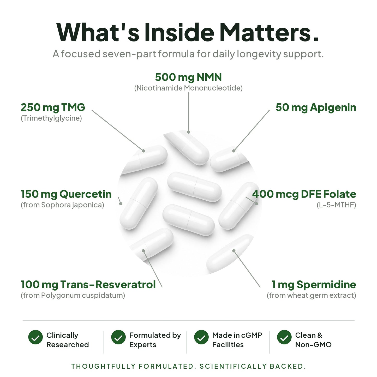 What's inside AgeAura - 7-part formula with doses: NMN 500mg, TMG 250mg, Quercetin 150mg, Trans-Resveratrol 100mg, Apigenin 50mg, Folate 400mcg DFE, Spermidine 1mg