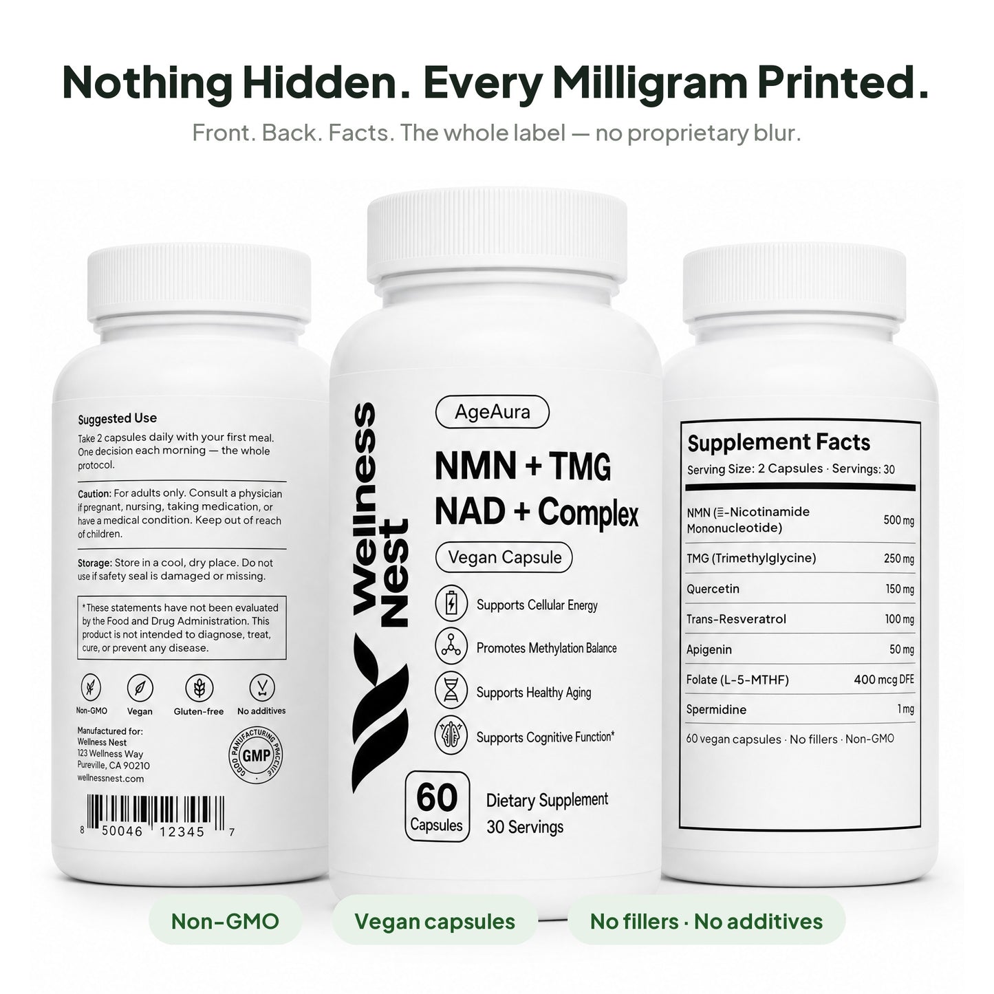 AgeAura bottle front, back label and Supplement Facts panel - every milligram printed