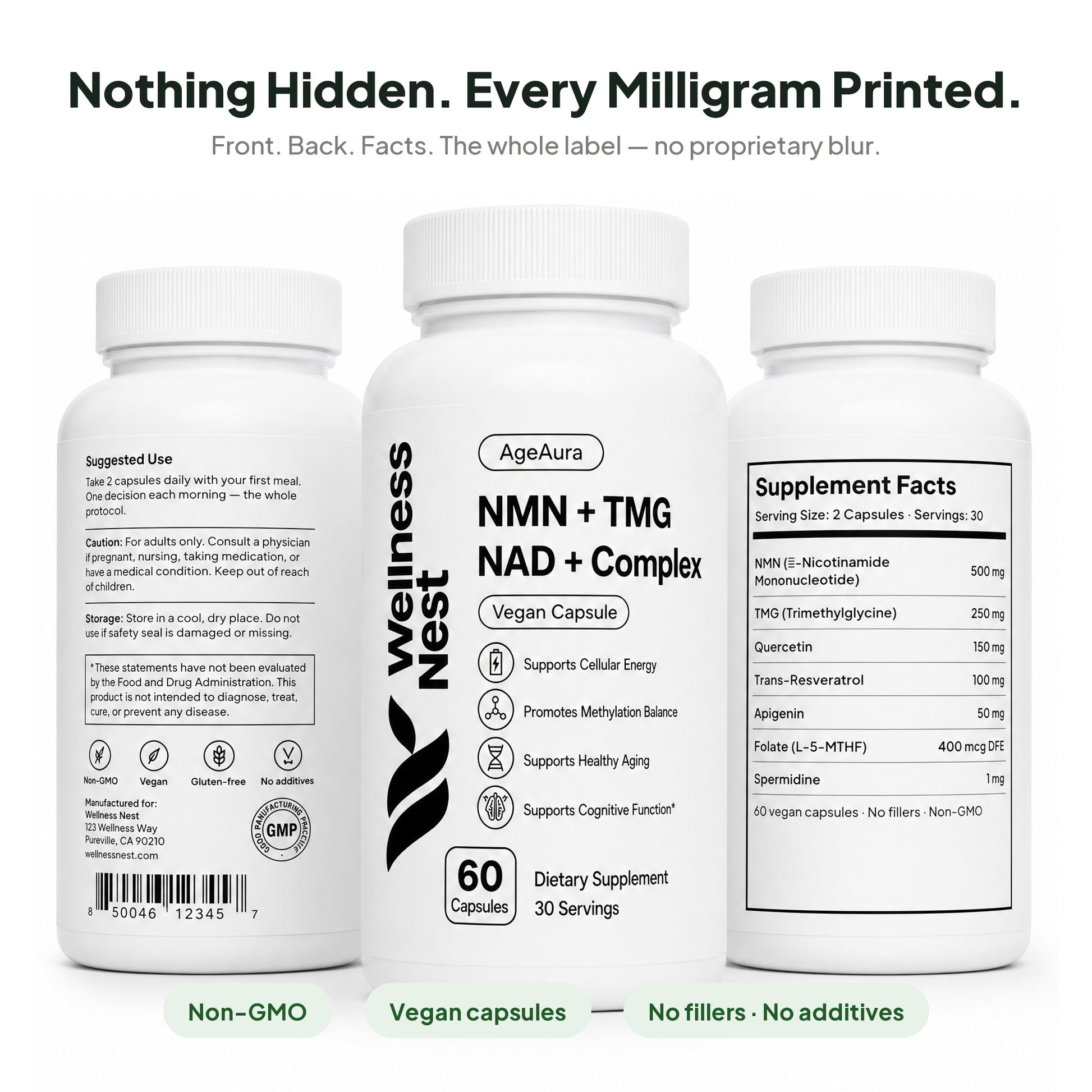 AgeAura bottle front, back label and Supplement Facts panel - every milligram printed