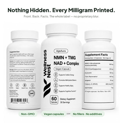 AgeAura bottle front, back label and Supplement Facts panel - every milligram printed