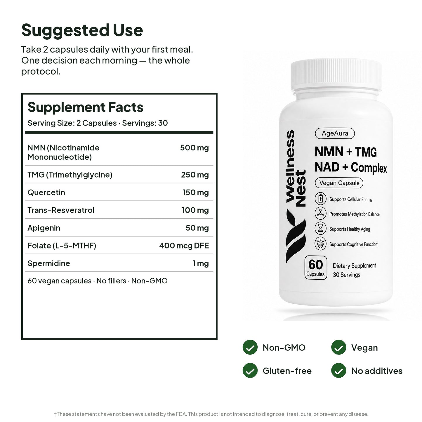 AgeAura Supplement Facts and quality - Non-GMO, vegan, gluten-free, no additives