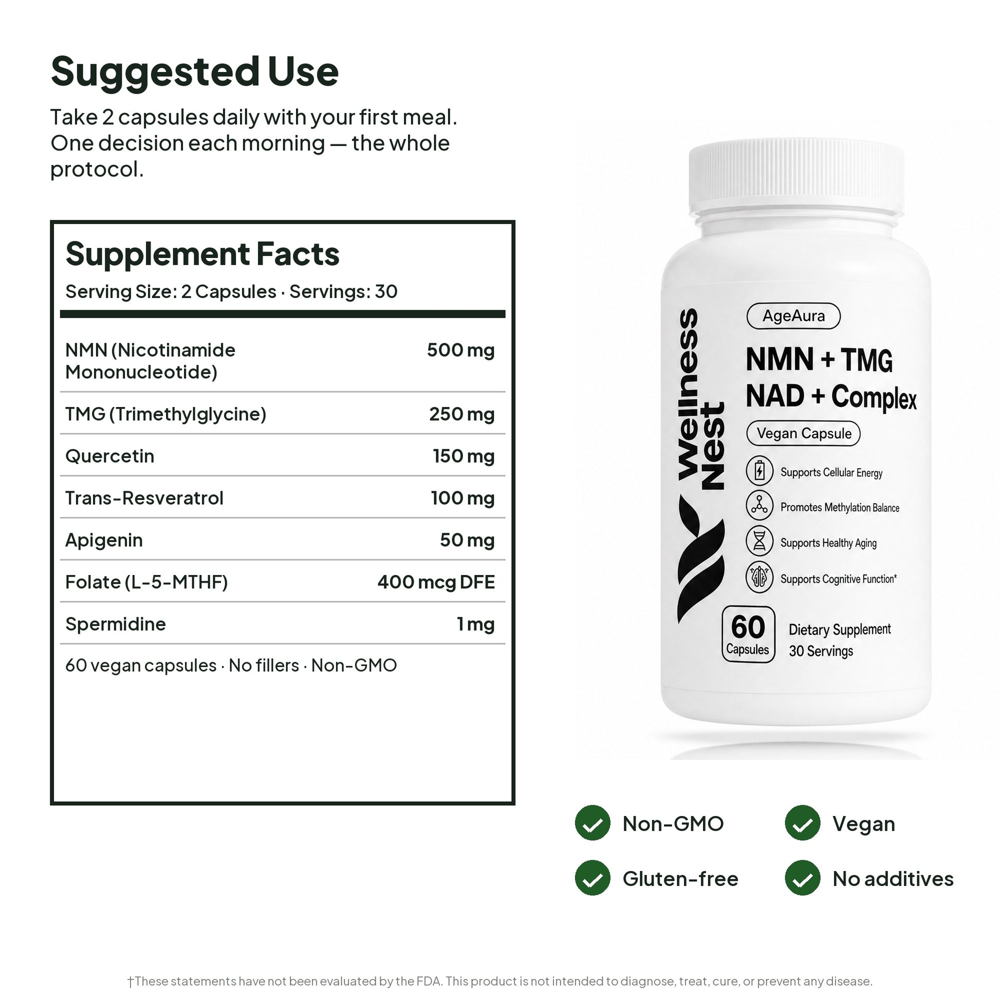 AgeAura Supplement Facts and quality - Non-GMO, vegan, gluten-free, no additives